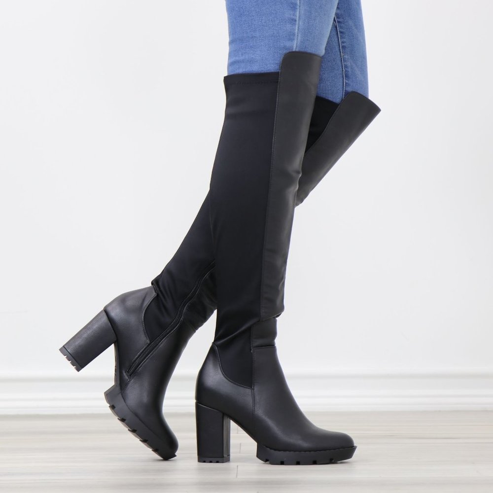 Black Faux Leather Round Toe Thigh High Over The Knee Lug Block Heel Boots - Picture 8 of 15